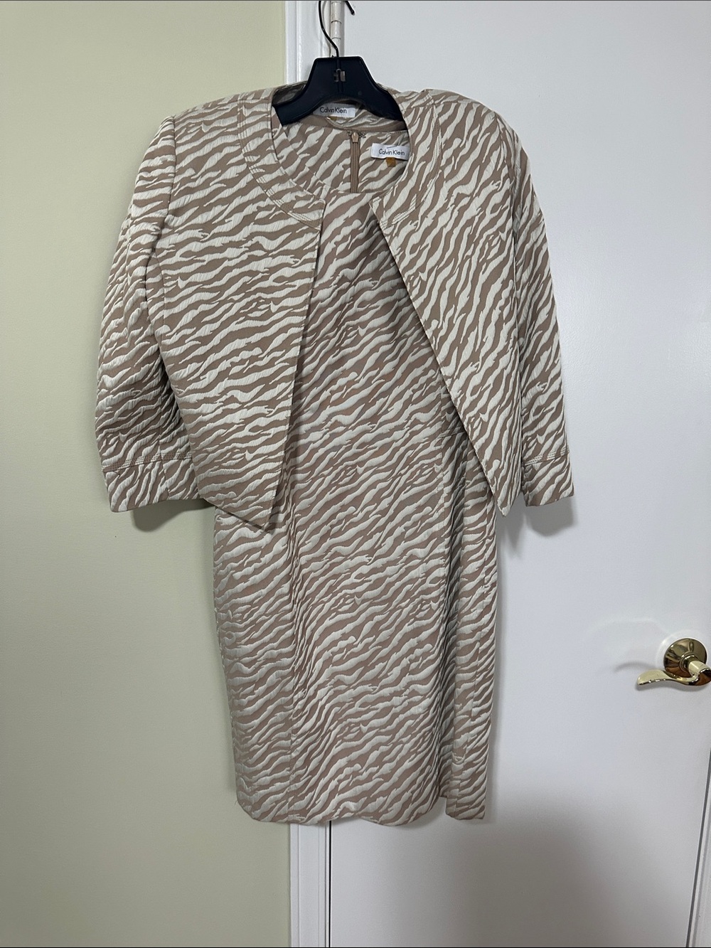 Calvin Klein Beige and Cream Zebra-Print Sheath Dress with Jacket